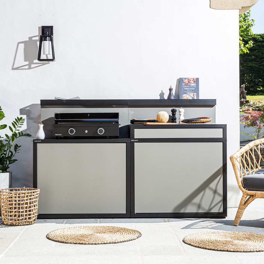 Pack Support Plancha + Desserte en Acier Noir et Gris