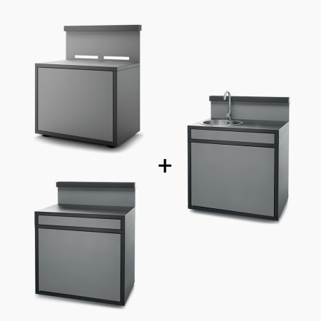 Meuble de cuisine extérieure pour Plancha + Desserte + Évier en Acier Noir et Gris