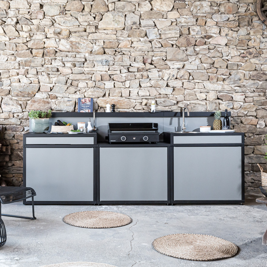Meuble de cuisine extérieure pour Plancha + Desserte + Évier en Acier Noir et Gris