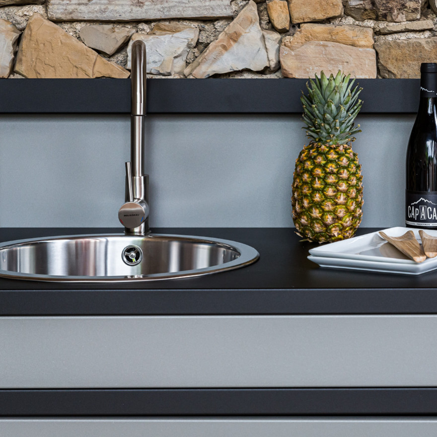 Meuble de cuisine extérieure pour Plancha + Desserte + Évier en Acier Noir et Gris