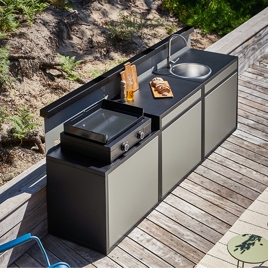 Meuble de cuisine extérieure pour Plancha + Desserte + Évier en Acier Noir et Gris