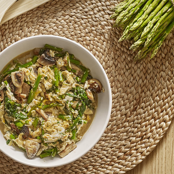 Mushrooms, wild asparagus, and baby spinach Revuelto